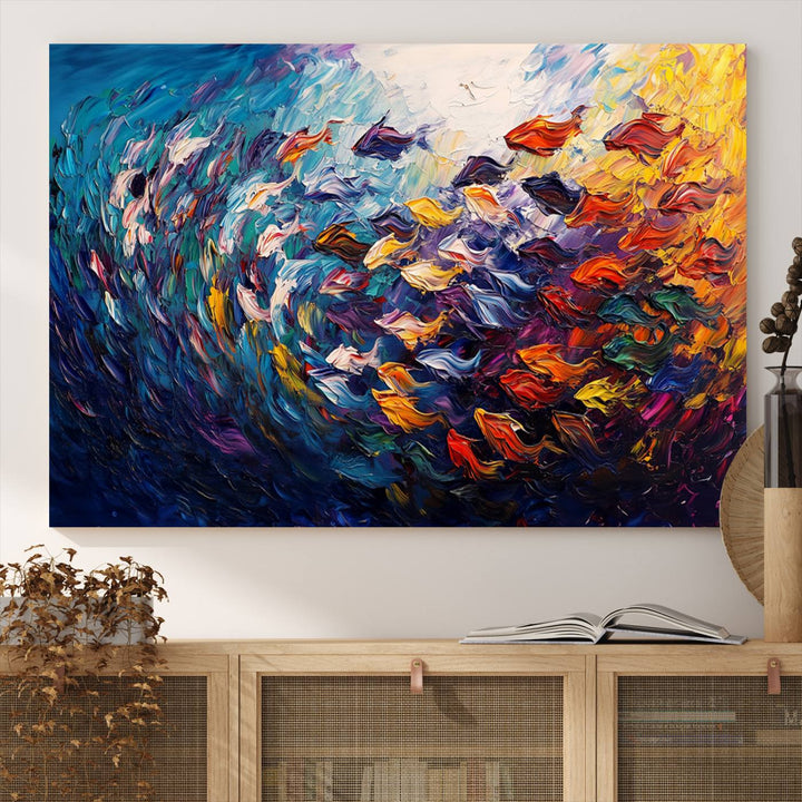 Vibrant Abstract Fish Swarm Art – Colorful Fish Inspired 3-Piece Canvas Wall Art for Living Room or Office – Framed and Ready to Hang