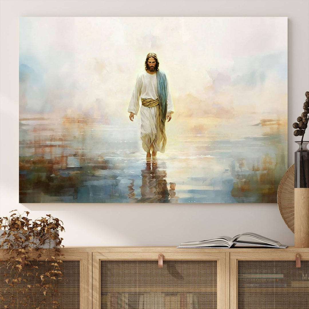 The 3-panel Framed Jesus Walking on Water Wall Art showcases a serene religious scene.