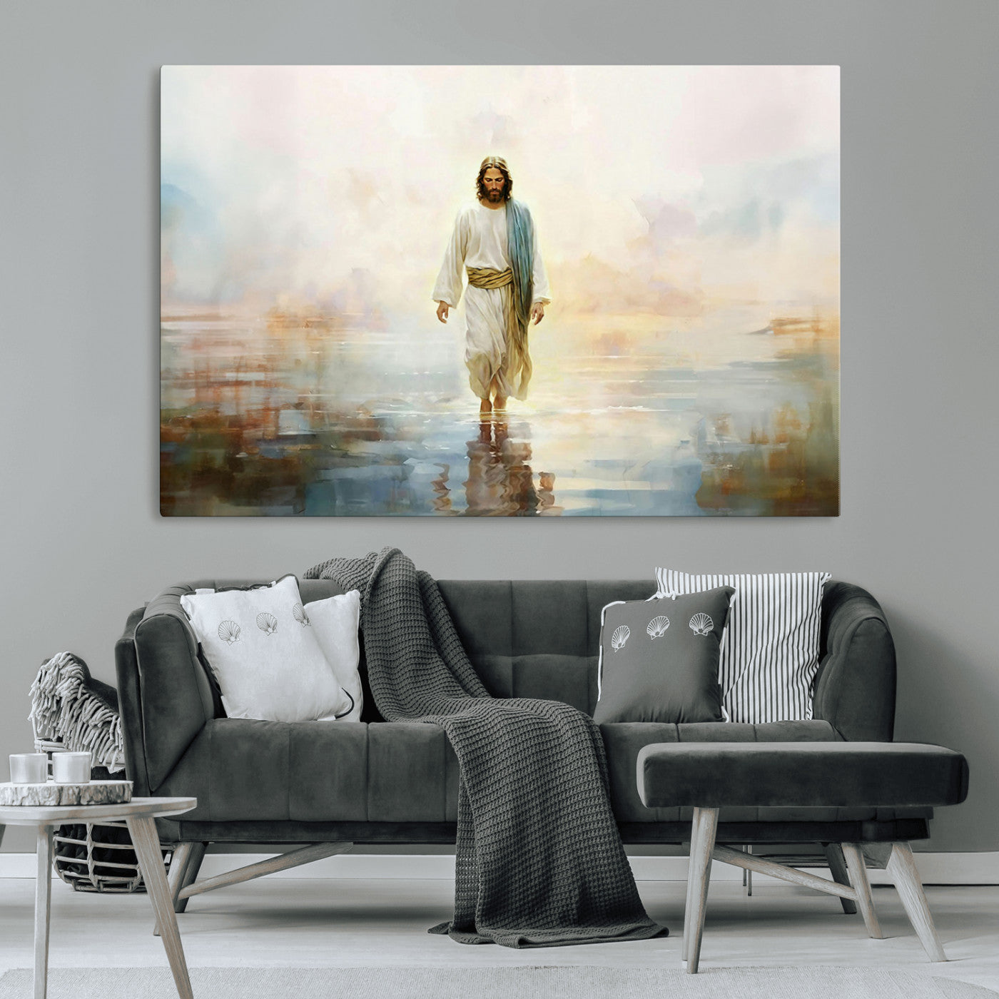 MGV-CV-36X24 - Framed Jesus Walking on Water Wall Art - 3-Panel Christian Canvas Prints, Religious Artwork for