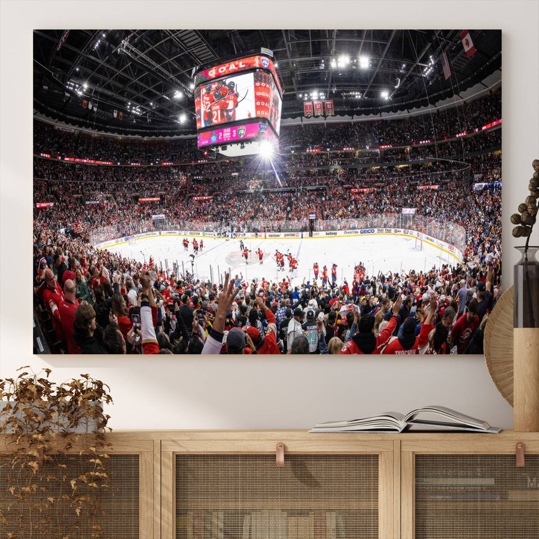 The wall art, a high-quality basketball arena canvas, evokes the excitement of fans cheering at the Amerant Bank Arena.