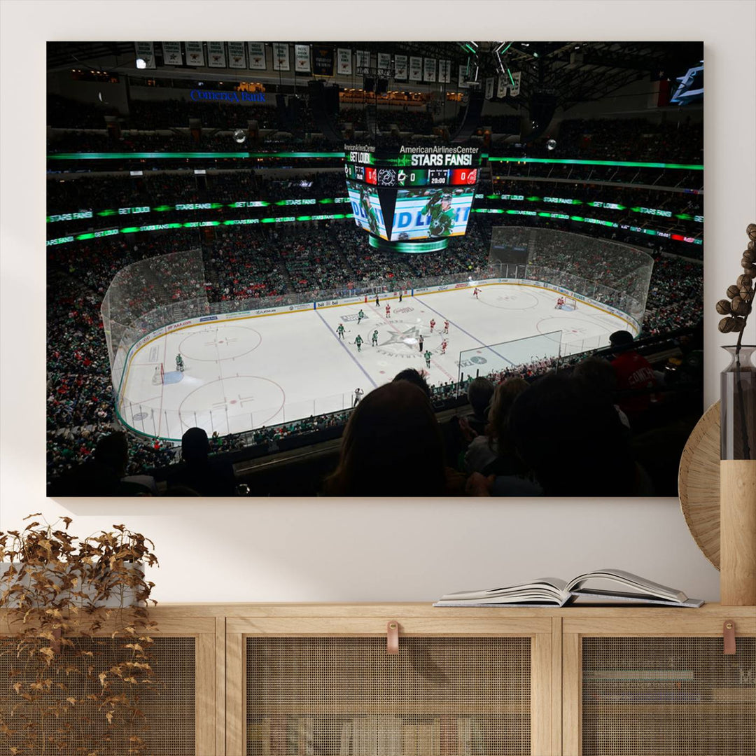 The Dallas Stars Wall Art Canvas Print is as clear as the scoreboard stats at a hockey game in a large arena with bright lights.