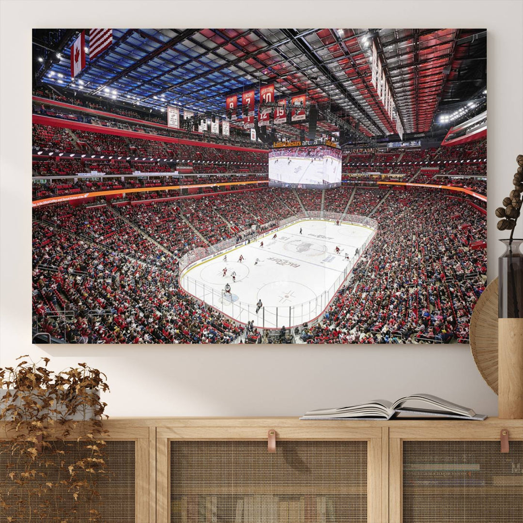 A Barton Malow canvas depicting Little Caesars Arena from above is beautifully printed in high resolution for your wall.