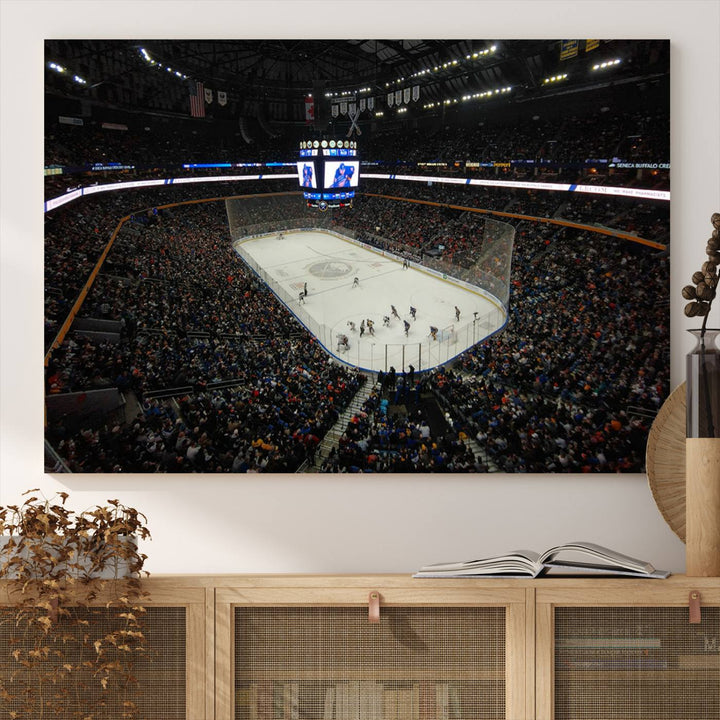 The nautical-themed room is enhanced by the KeyBank Center New York Buffalo Sabres Hockey Stadium Wall Art Canvas Print, a three-panel depiction of a bustling hockey arena with a gallery-quality finish. This canvas artwork, handmade in the USA, introduces an element of sporting elegance to your decor.