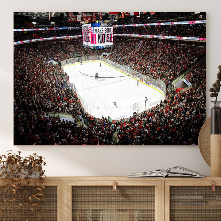 The living room features the PNC Arena Raleigh North Carolina Hurricanes Hockey Stadium Wall Art Canvas Print, which depicts a crowded ice hockey stadium with enthusiastic fans and an ongoing game, all rendered in high-resolution on museum-quality canvas.