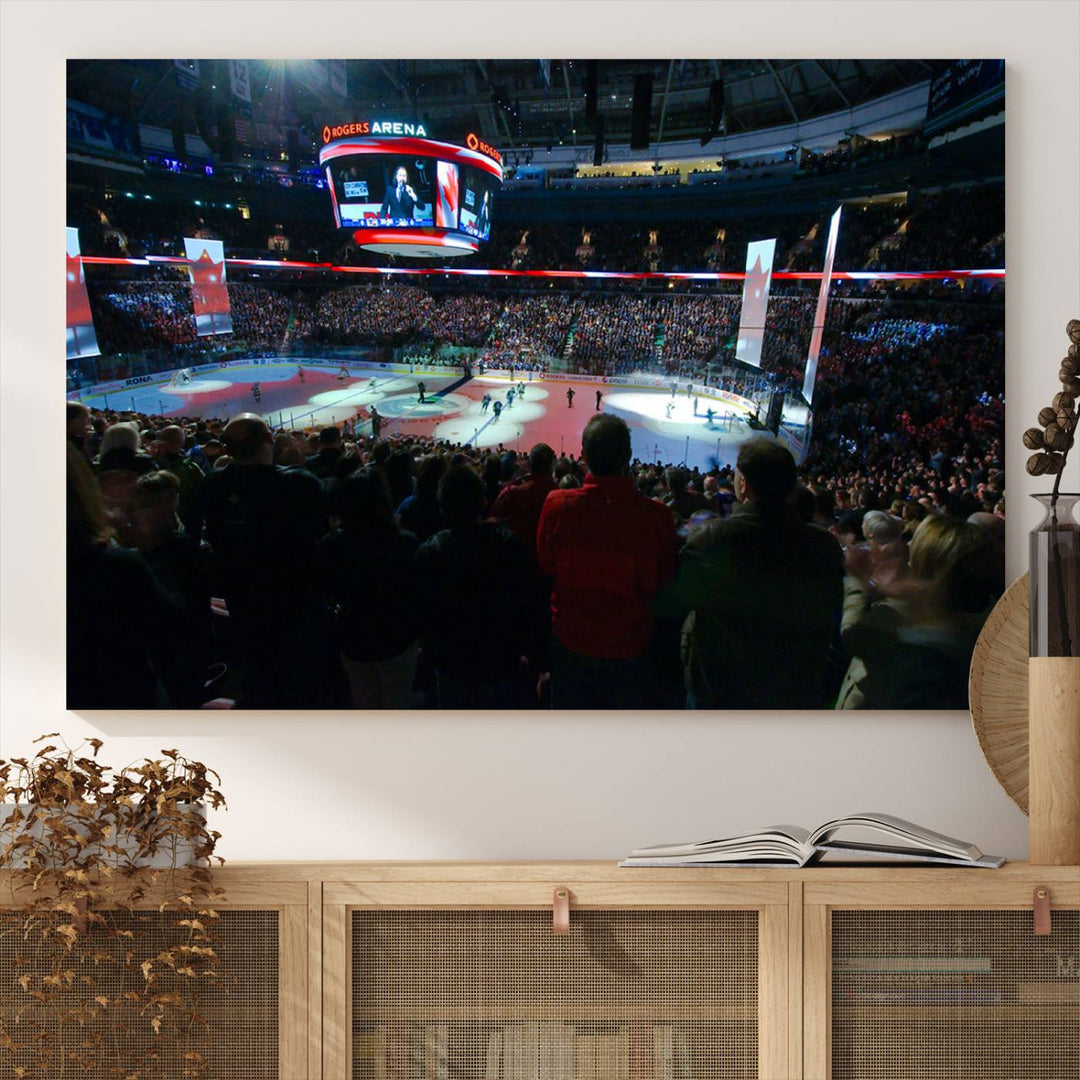 Experience the intense atmosphere of a full-capacity ice hockey game at Rogers Arena, home of the Vancouver Canucks, captured on museum-quality canvas.