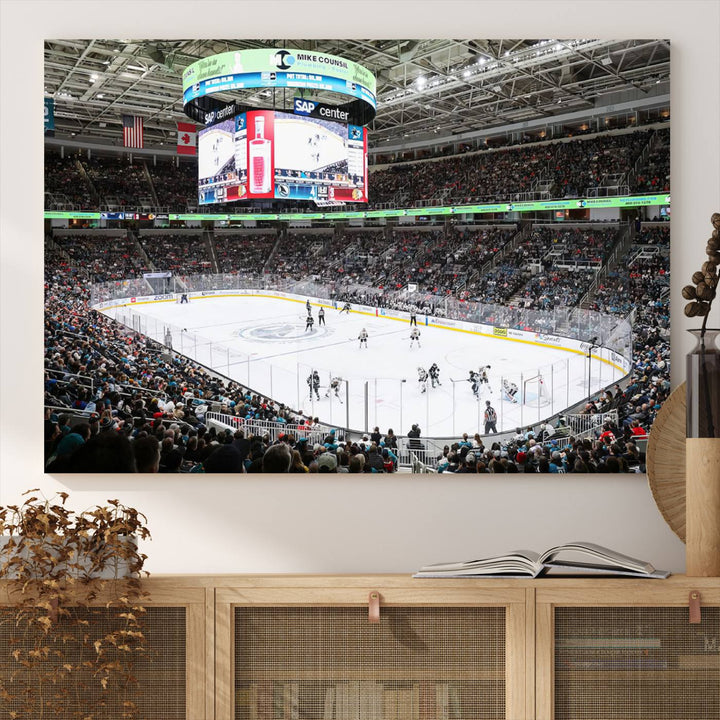 A packed ice hockey arena buzzes with energy as players glide on the ice and a large screen displays scores. The indoor decor features Sharks Arena Blackhawks Sharks Ice Hockey Stadium Wall Art Canvas Prints, creating an unexpected yet charming sporting atmosphere reminiscent of a gallery.