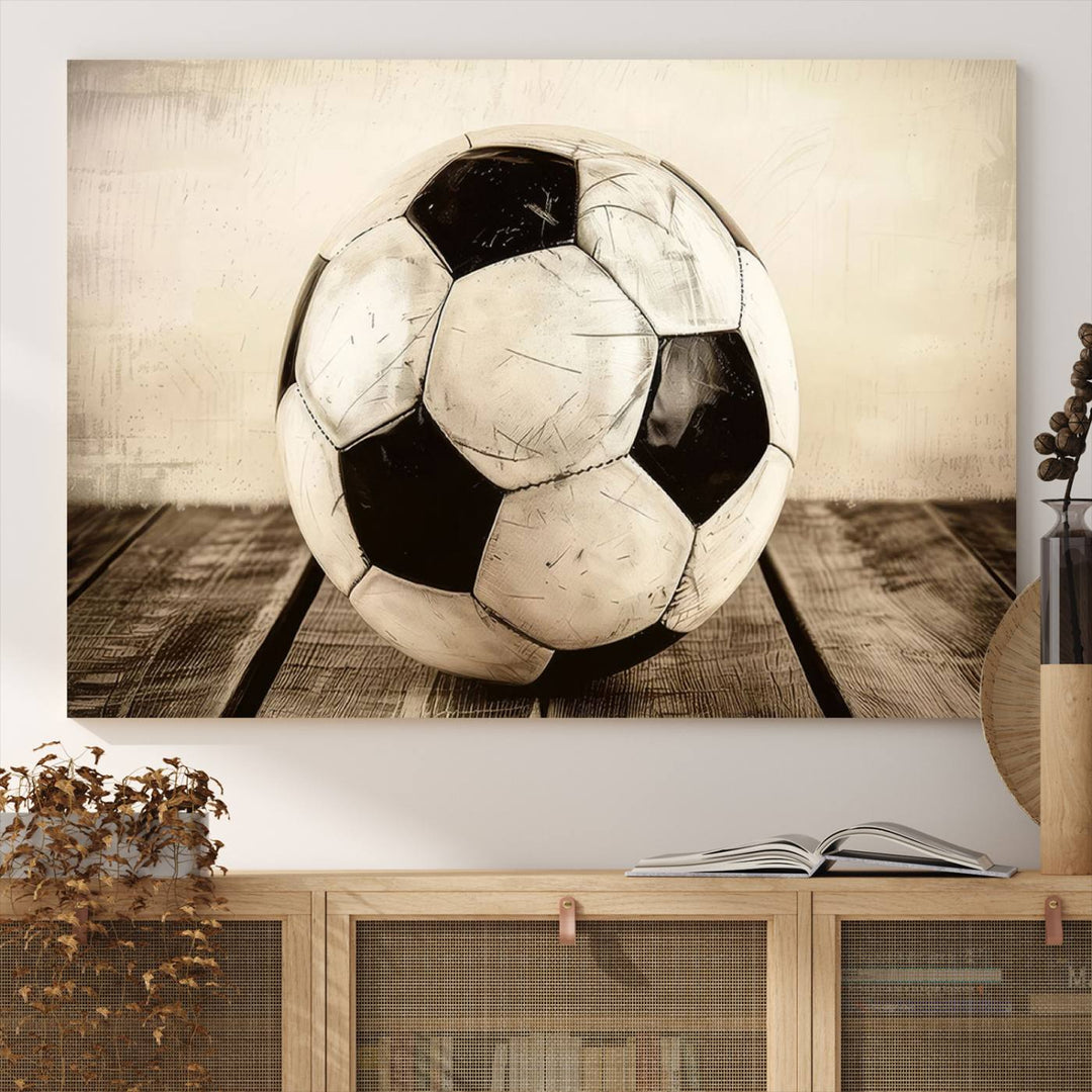 Vintage Soccer Ball Triptych Canvas Art – 3-Panel Soccer Wall Decor, Framed and Ready to Hang Sports Art for Home, Office, or Gym