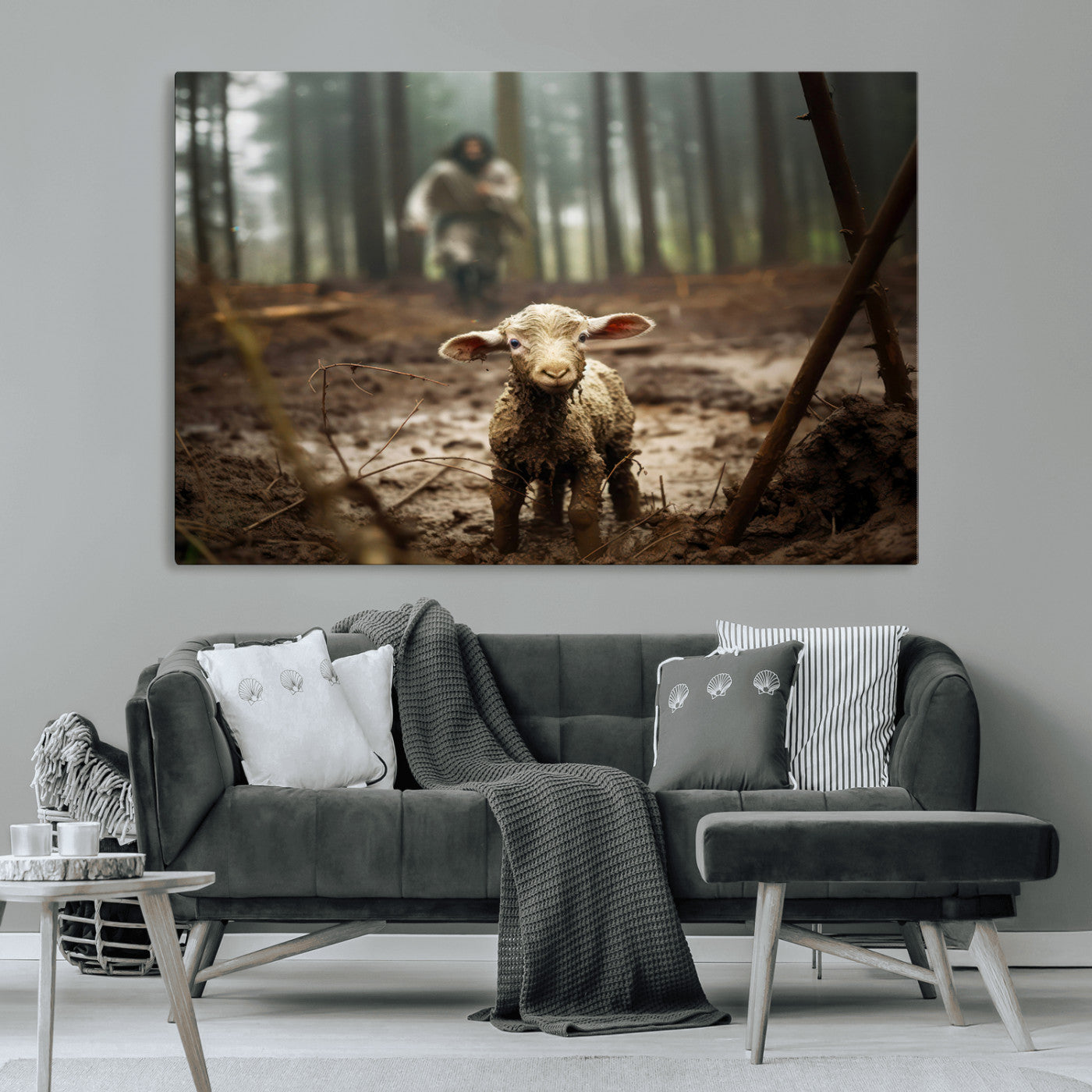 MGV-CV-36X24 - Jesus Running After a Lost Lamb Canvas Wall Art Print