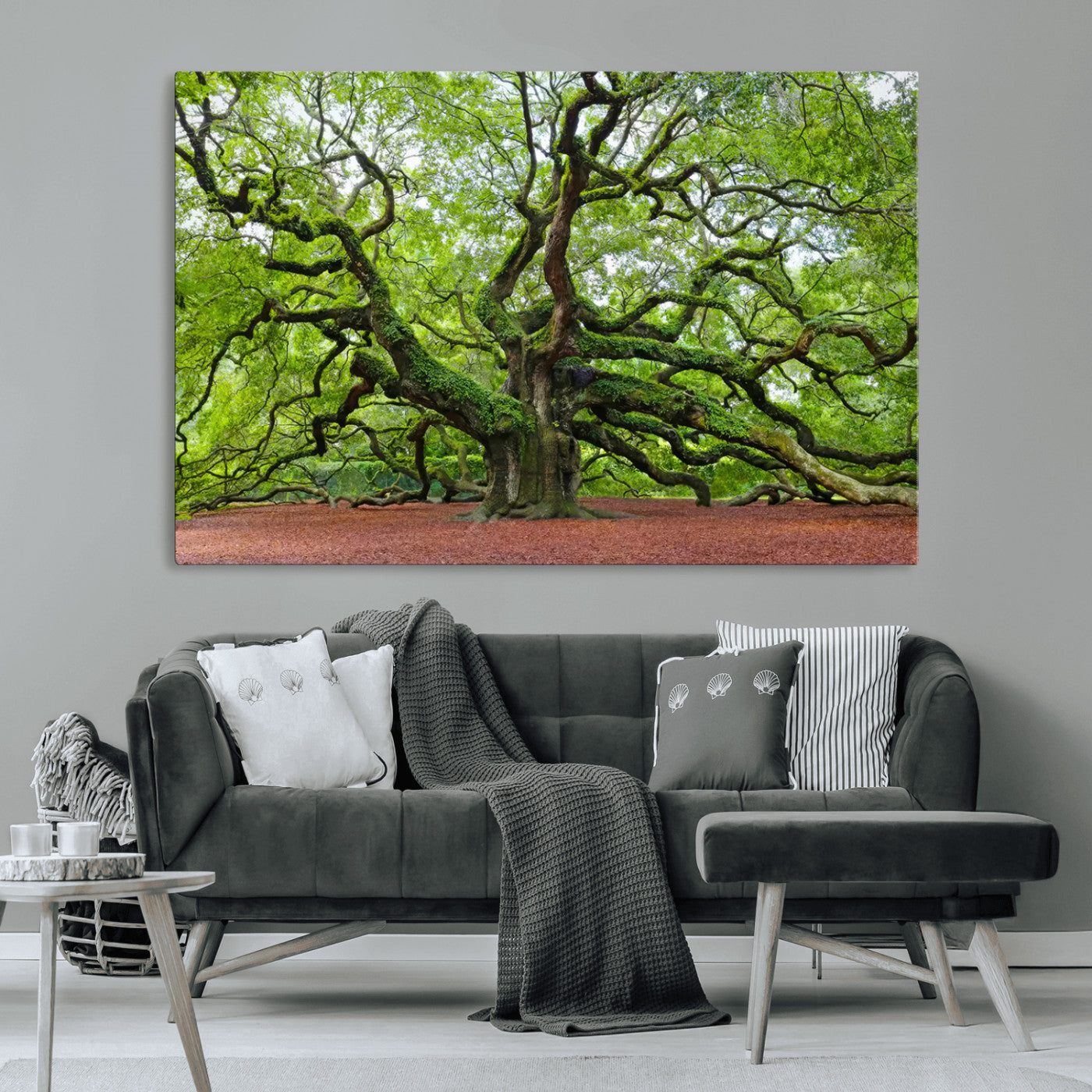 MGV-CV-36X24 - Framed Angel Oak Tree Wall Art - 3-Panel Canvas Prints, Large Green Nature Artwork, Ready to Hang