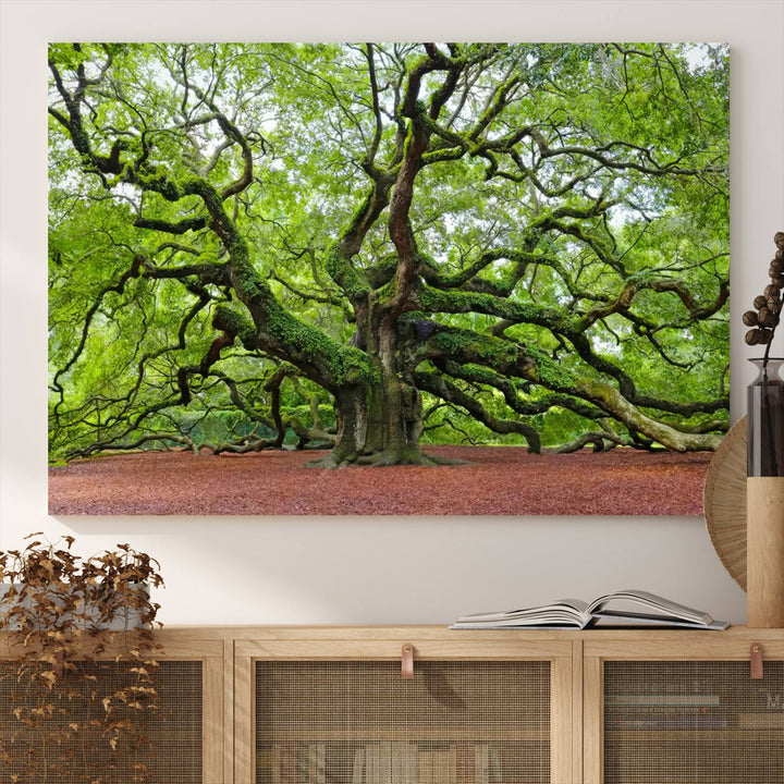 Framed Angel Oak Tree Wall Art - 3-Panel Canvas Prints, Large Green Nature Artwork, Ready to Hang Home Decor for Living Room, Office, Bedroom