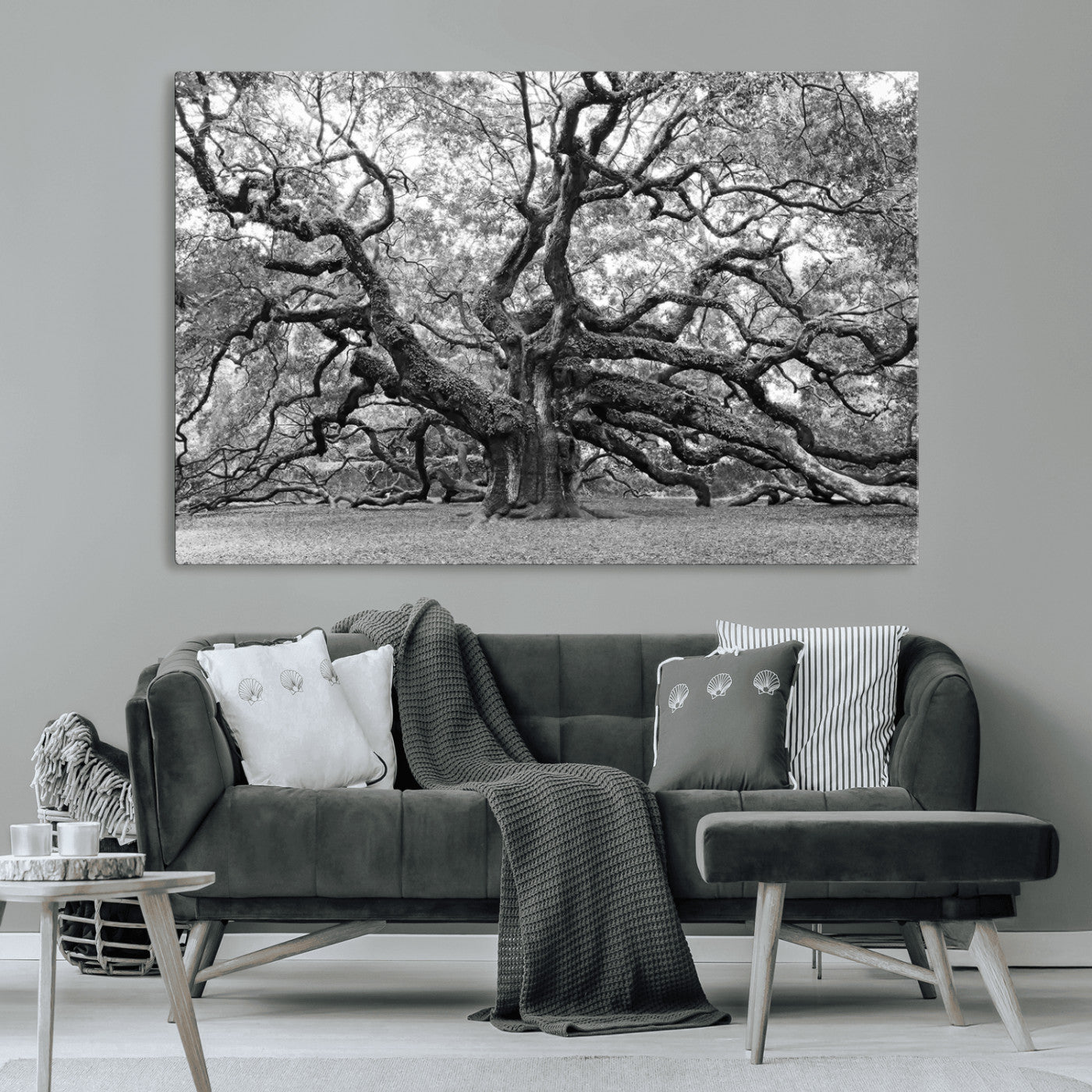 MGV-CV-36X24 - Black White Angel Oak Tree Wall Art - Timeless Nature-Inspired Canvas for Rustic, Modern, or