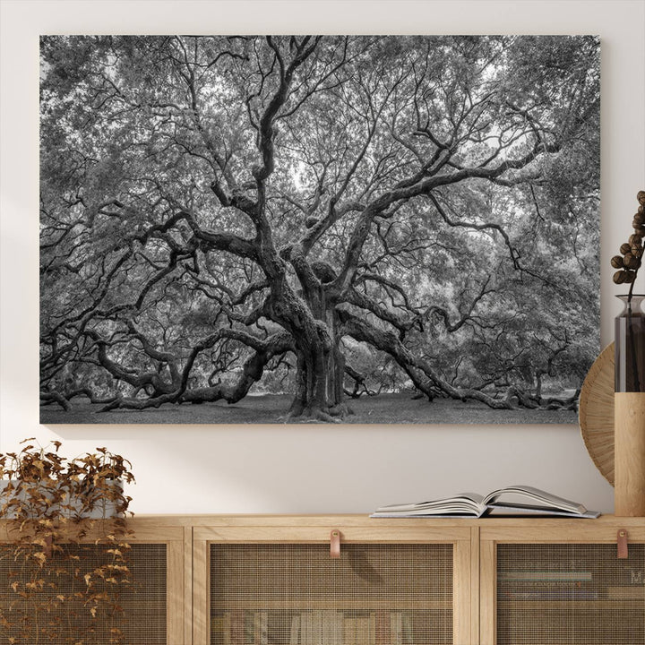 Majestic Angel Oak Tree Black and White Canvas Print – Multi Panel Wall Art, Giclée Print, Ready to Hang Nature Photography for Home Decor