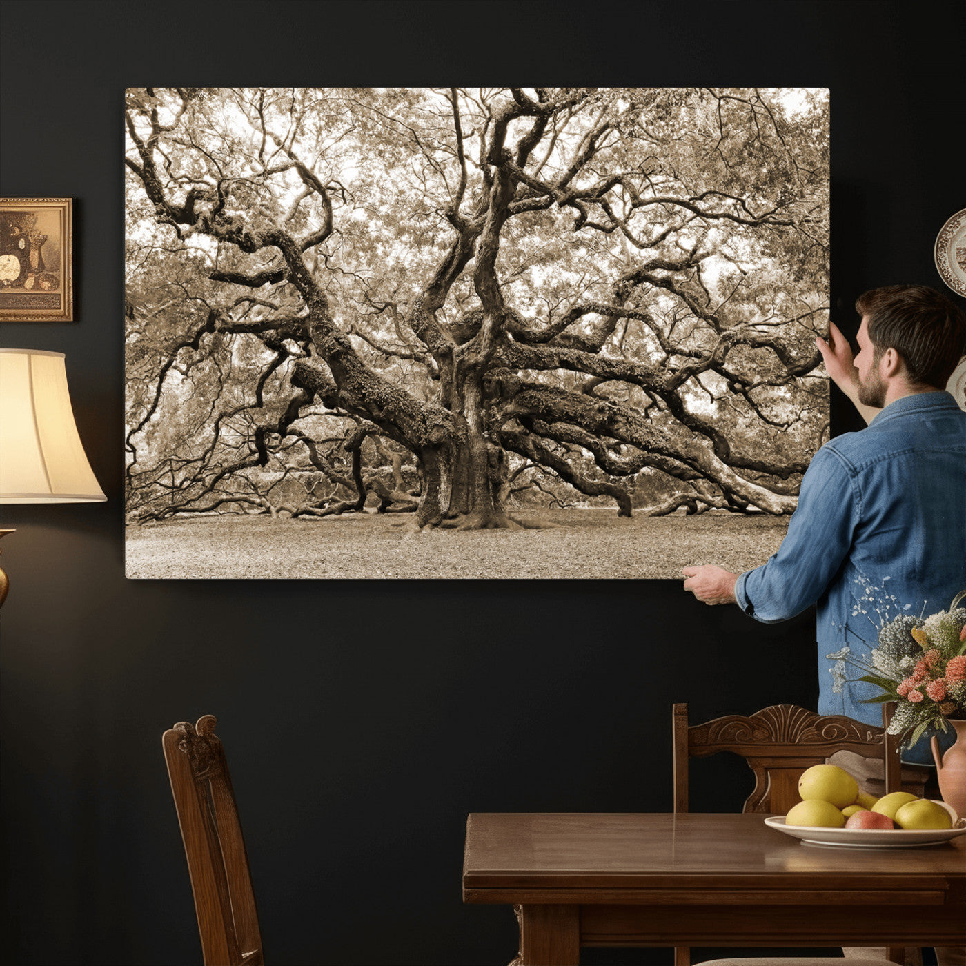 K3737 1950's 大型 インディアン サンライズ ウォール アート Sepia Framed Angel Oak Tree Wall Art - 3-Panel Canvas Prints