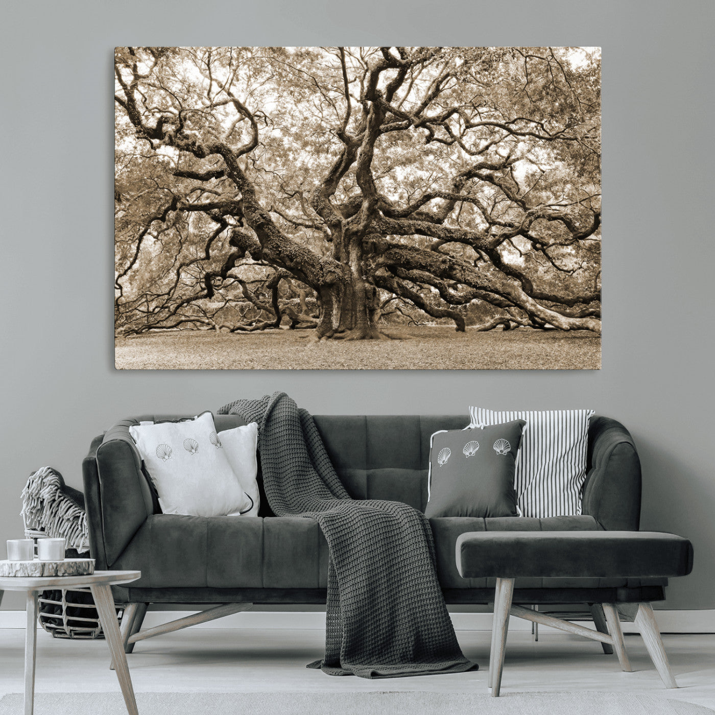 51126-MGV-CV-36X24-Sepia Framed Angel Oak Tree Wall Art - 3-Panel Canvas Prints, Large Green Nature Artwork, Ready to