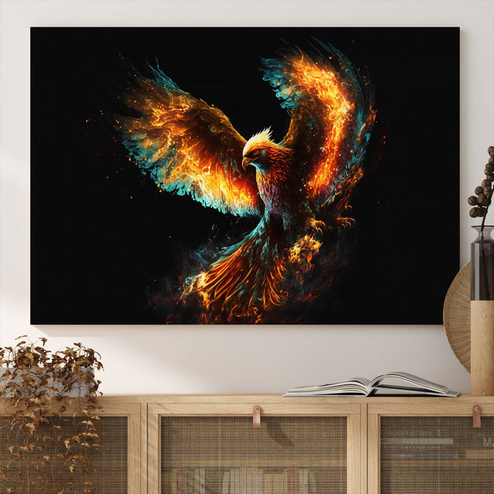 Fiery Phoenix Canvas Print | Ready to Hang Wall Art | Bold Fantasy Decor for Living Room | Majestic Bird Artwork