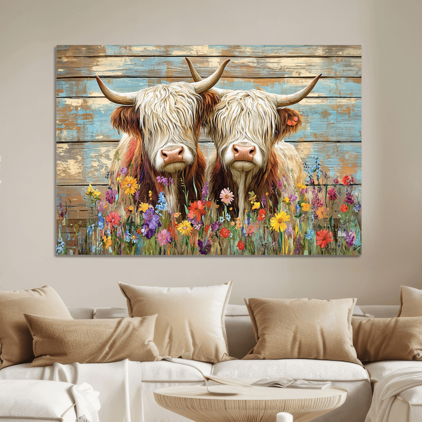 36972-MGV-CV-36X24-Cute Highland Cow Canvas Wall Art - Rustic Farmhouse Decor with Colorful Flowers Perfect Wall Art for Home