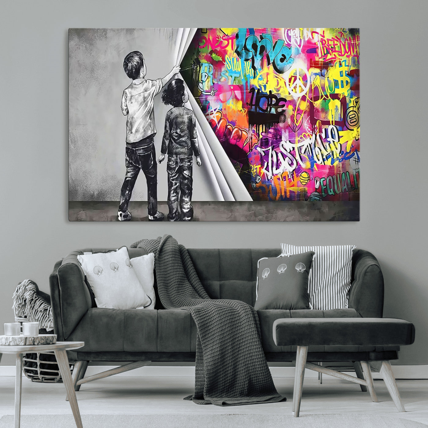 MGV-CV-36X24 - Banksy Print - Street Art Canvas Wall Art - Kids Revealing Graffiti, Urban Modern Decor for Living