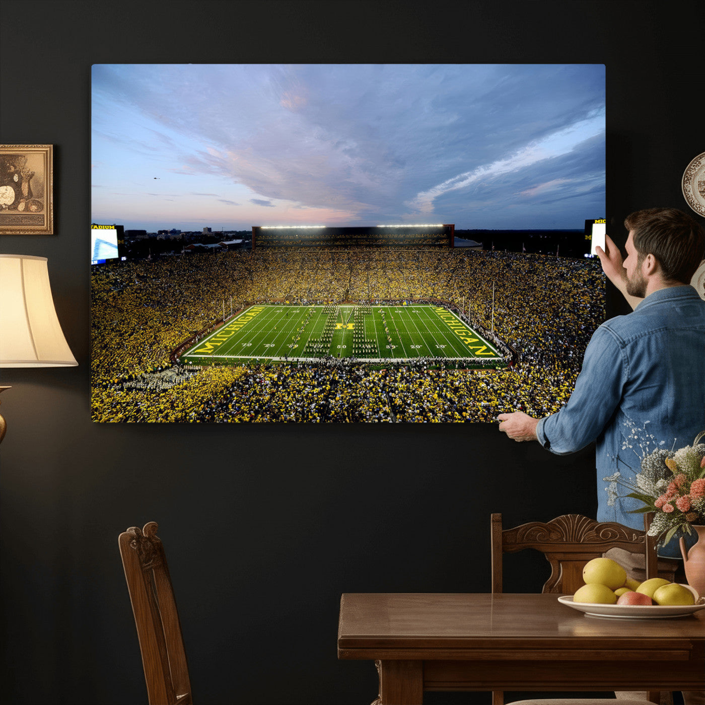 82641-MGV-CV-36X24 - Michigan Stadium Wall Art Canvas Print, Vibrant Game Day Crowd and Sunset Sky Football Field Artwork for Home, Office