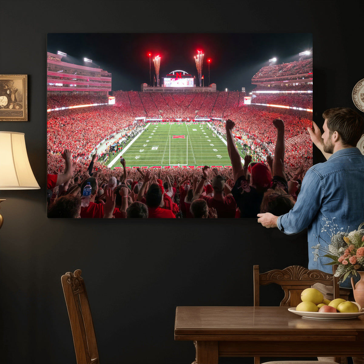 43351-MGV-CV-36X24 - University of Nebraska Cornhuskers Football Team Print - Lincoln Memorial Stadium Wall Art Canvas