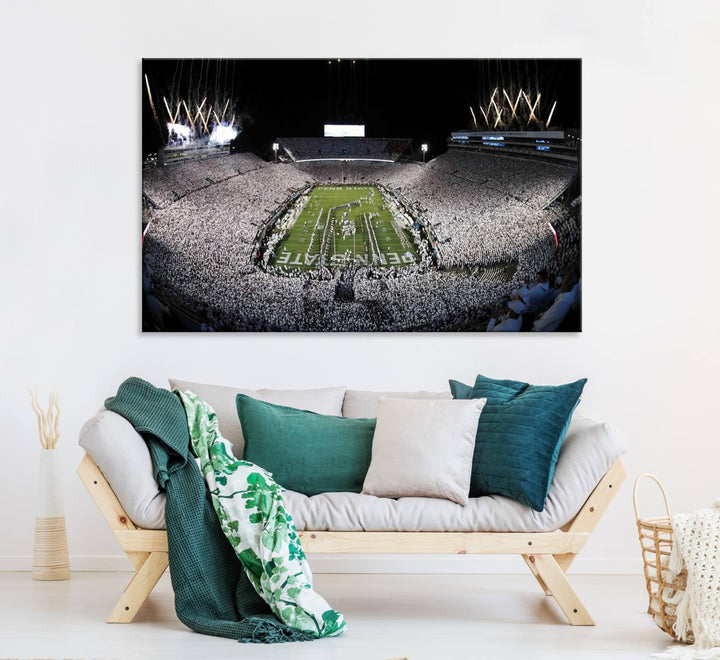 Wide-angle print of a packed stadium with fireworks, ideal gallery-quality wall art - Penn State Nittany Lions Canvas.