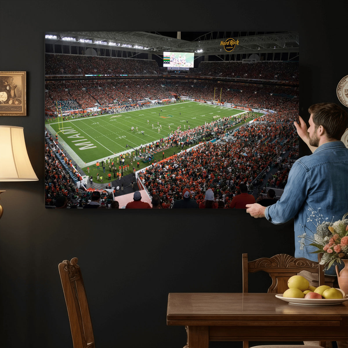33698-PAN-FL-20X10 - Miami Hurricanes Football Team Print Canvas- Miami Hard Rock Stadium Wall Art Canvas Print