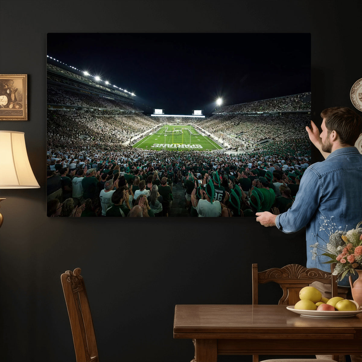 57523-PAN-FL-20X10 - Framed Michigan State Spartans Football Team Print - East Lansing Spartan Stadium Wall Art Canvas