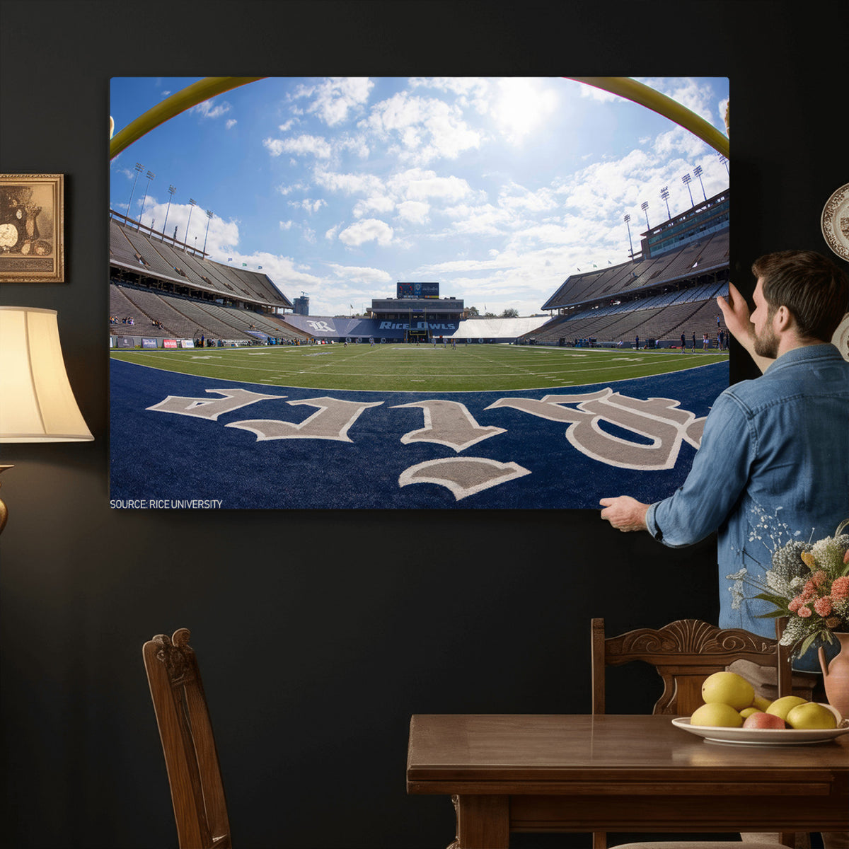 50267-MGV-CV-36X24 - Rice University Owls Football Team Print, Houston Rice Stadium, Framed and Ready to Hang
