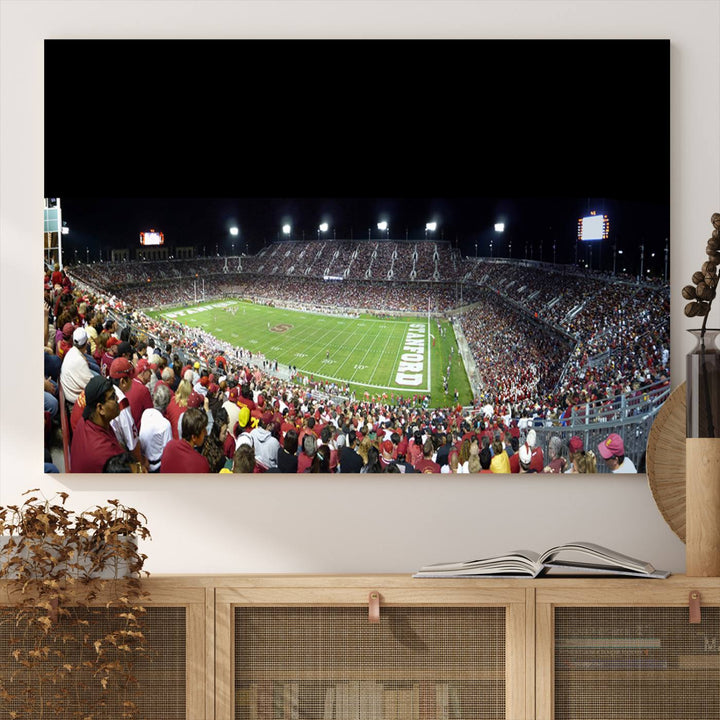 This Stanford University Cardinal Football Team canvas print, depicting fans in red filling Stanford Stadium at night, is perfect.