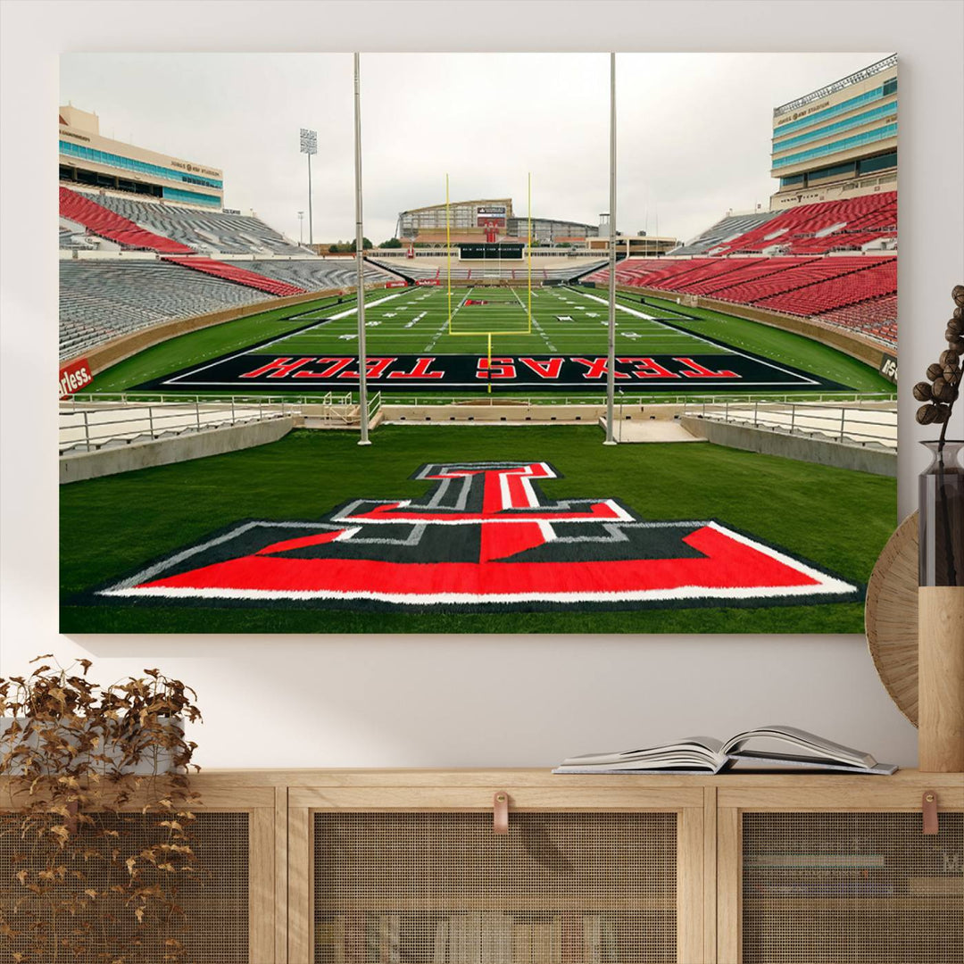 Gallery-quality print of Lubbock Jones AT&T Stadium featuring the Texas Tech Red Raiders field, highlighted by red and gray bleachers.