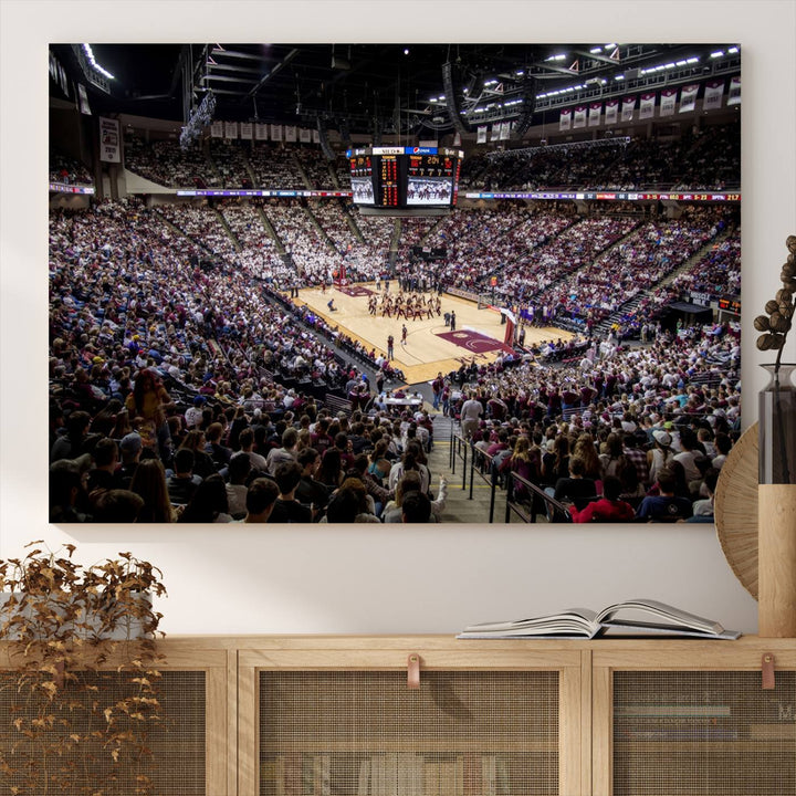 The Nebraska Basketball Arena Wall Art Canvas features an arena filled with Cornhuskers fans and players beneath a scoreboard.