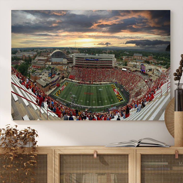 The University of Maryland Terrapins Football Team Print features SECU Stadium at sunset with vibrant skies.