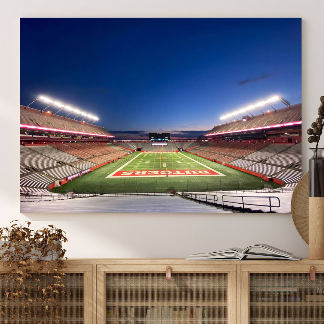 A large SHI Stadium at dusk, ideal for a Rutgers Scarlet Knights Football Team canvas print.