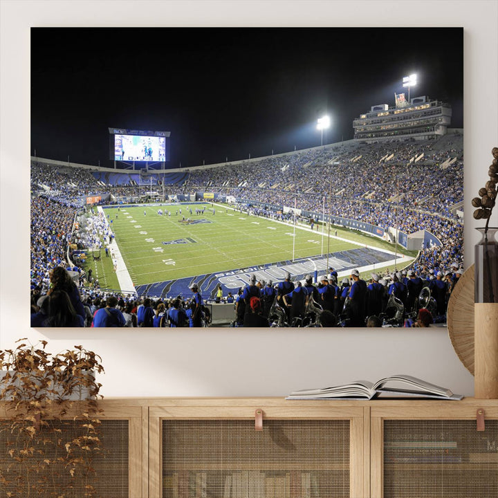 A vibrant depiction of Liberty Stadium at night, highlighting a Tigers football game on the large screen with stands filled with enthusiastic fans.