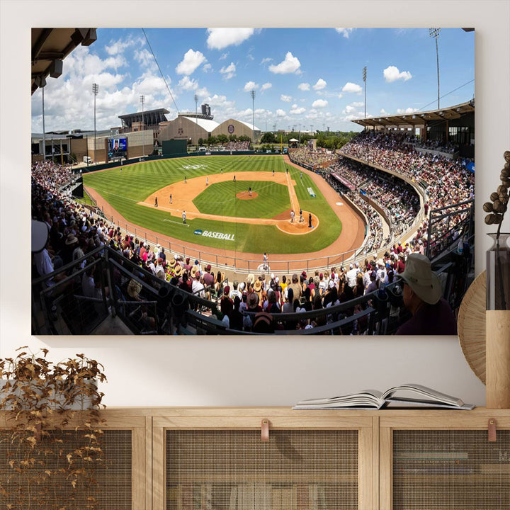 A baseball stadium under a blue sky, capturing the energy of The Texas A&M Aggies Athletics Kyle Field Wall Art.