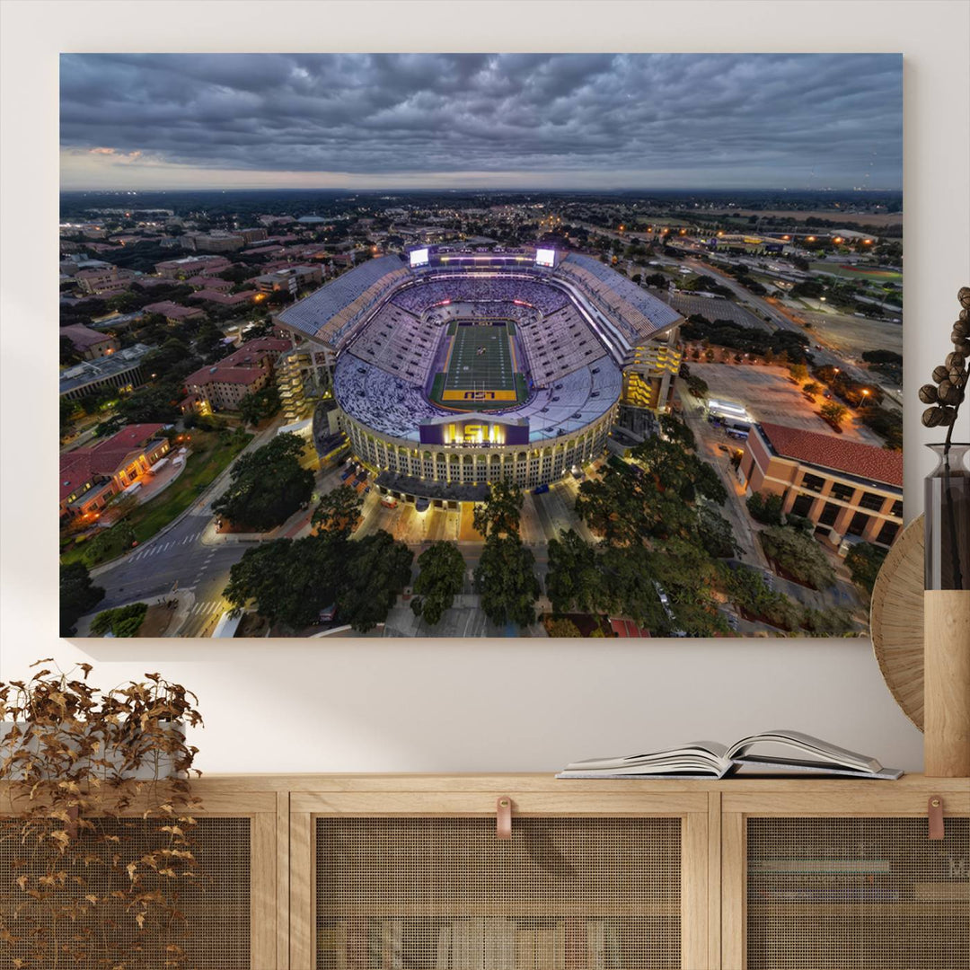 The LSU Tigers Football Team Baton Rouge Tiger Stadium Canvas is displayed prominently, capturing attention with its vivid depiction of the iconic stadium.