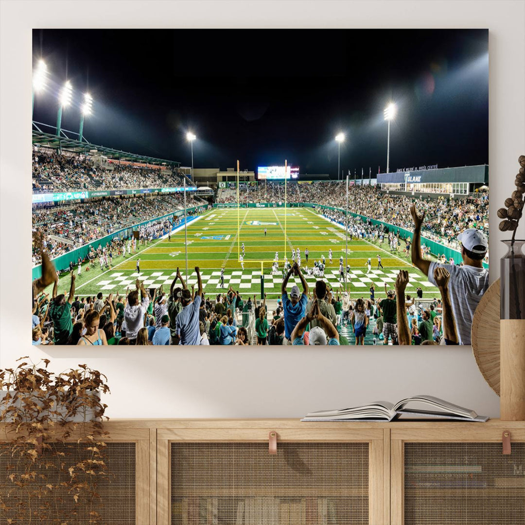 This vibrant wall art canvas print captures the excitement of fans cheering for the Tulane Green Wave Football Team under the lights of Yulman Stadium.