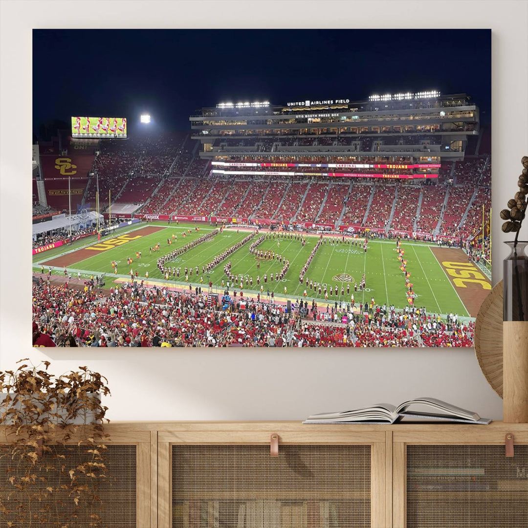 Canvas print depicting a packed stadium at night with a marching band forming USC, celebrating the Trojans at Los Angeles Memorial Coliseum.