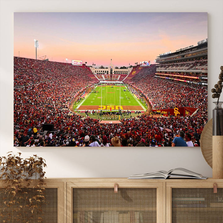 A USC Trojans wall art canvas print highlights the scene, depicting the Coliseum Stadium at sunset.