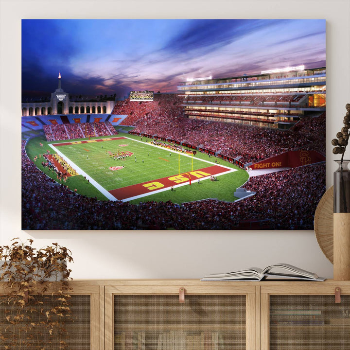 A vibrant painting of fans cheering for The University of Southern California USC Trojans under bright stadium lights.