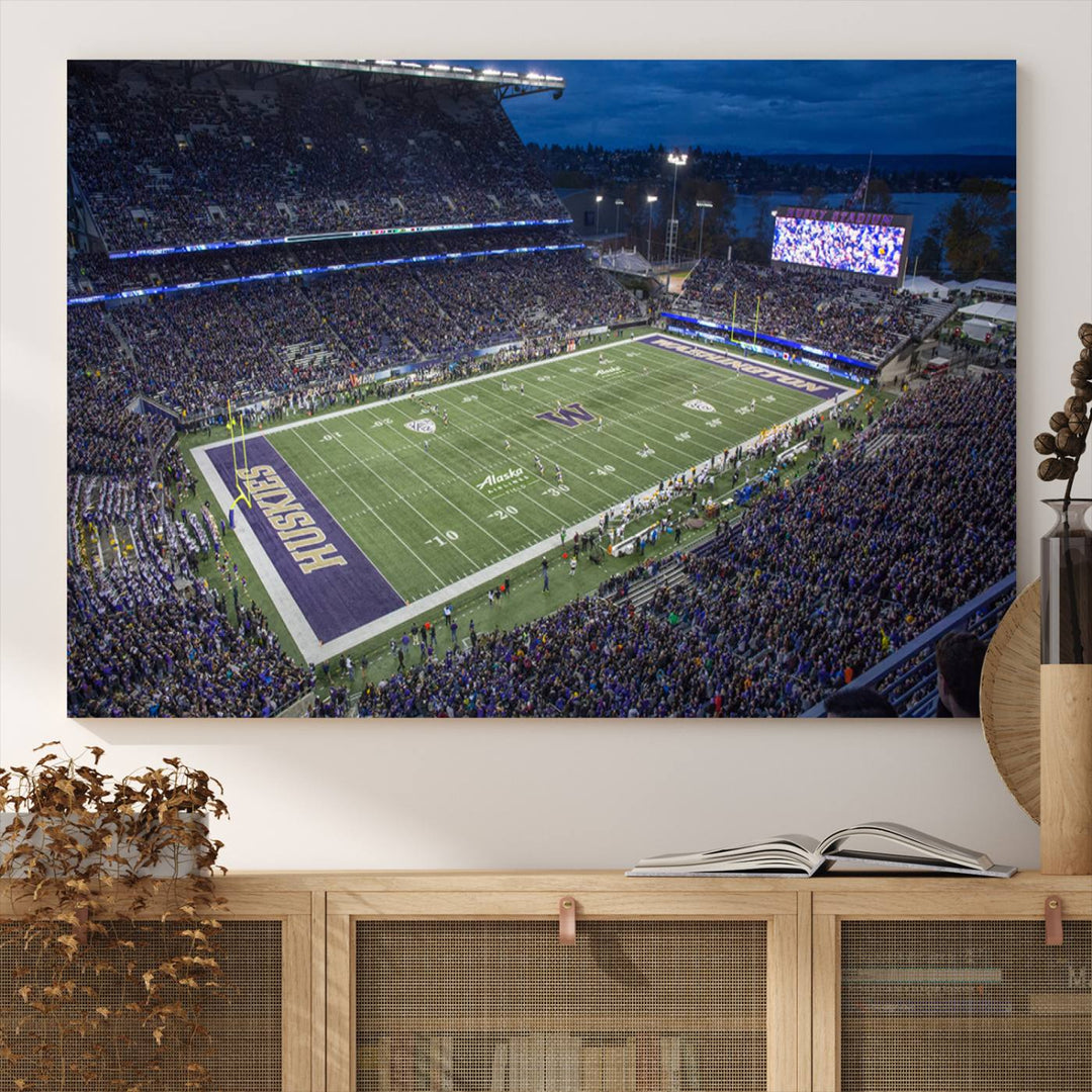 The University of Washington Huskies Football Team Print: Seattle Husky Stadium Wall Art Canvas captures a dusk stadium view.