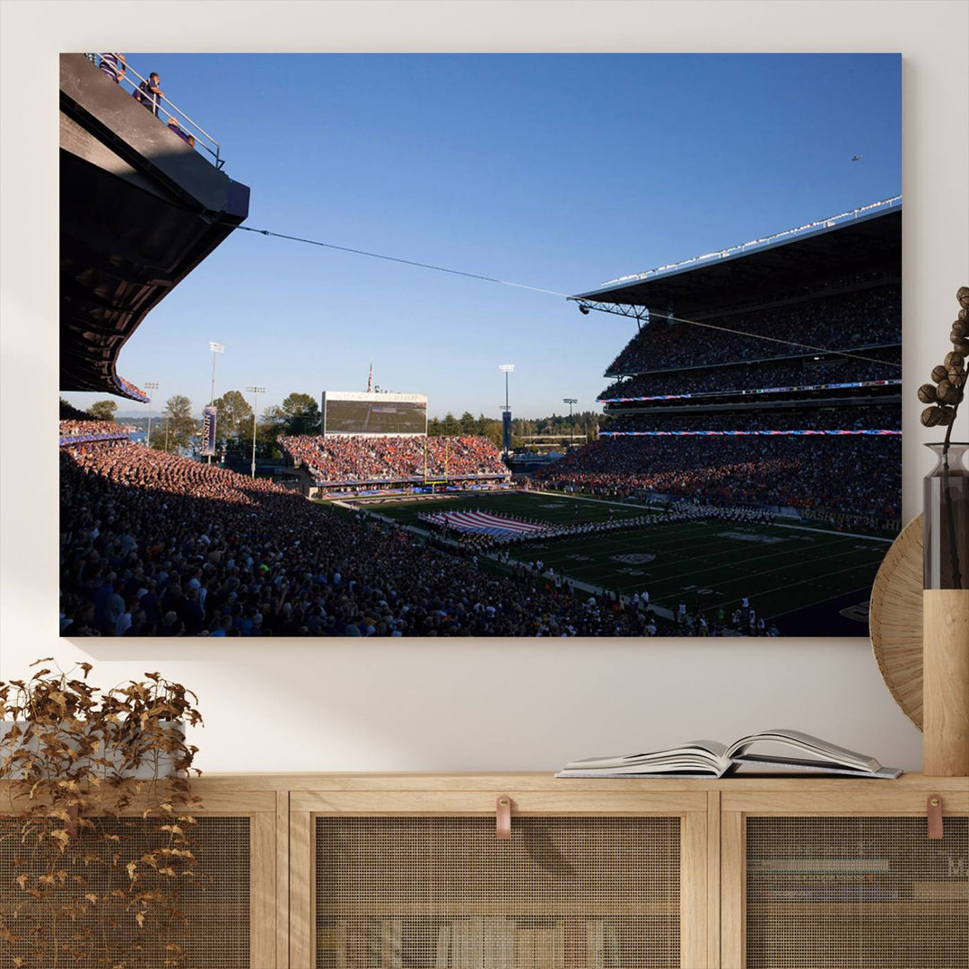 The University of Washington Huskies wall art print depicts Husky Stadium coming alive with fans as flags flutter.