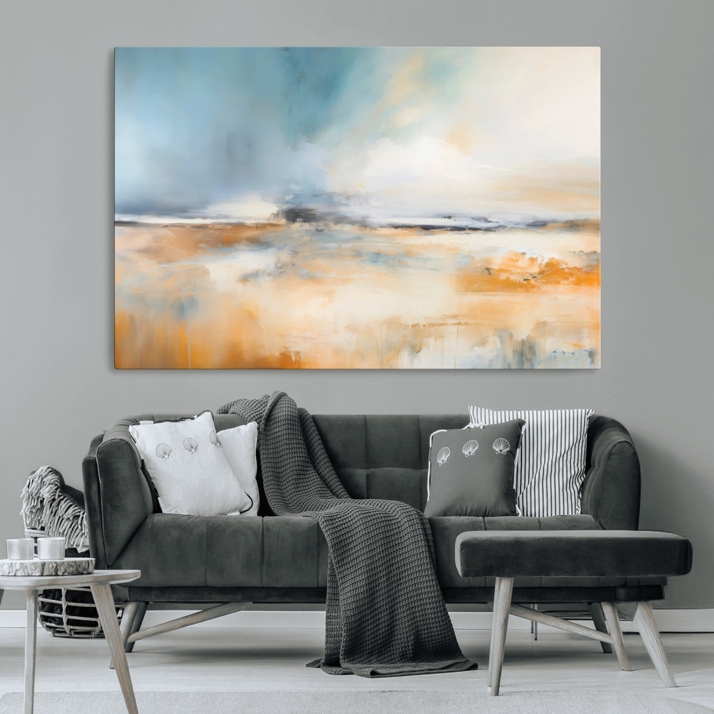 -Abstract Landscape Wall Art Canvas Print - Warm Tones of Orange and Blue, Modern Framed Art for Home