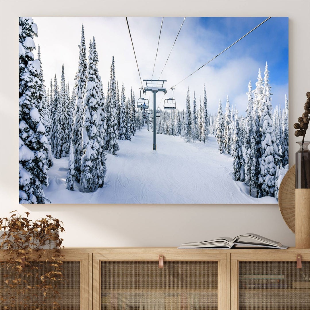 Winter Ski Lift Landscape Wall Art | Snowy Mountain Adventure | Framed and Ready to Hang | Perfect for Cabin Wall Art, Farmhouse Decor