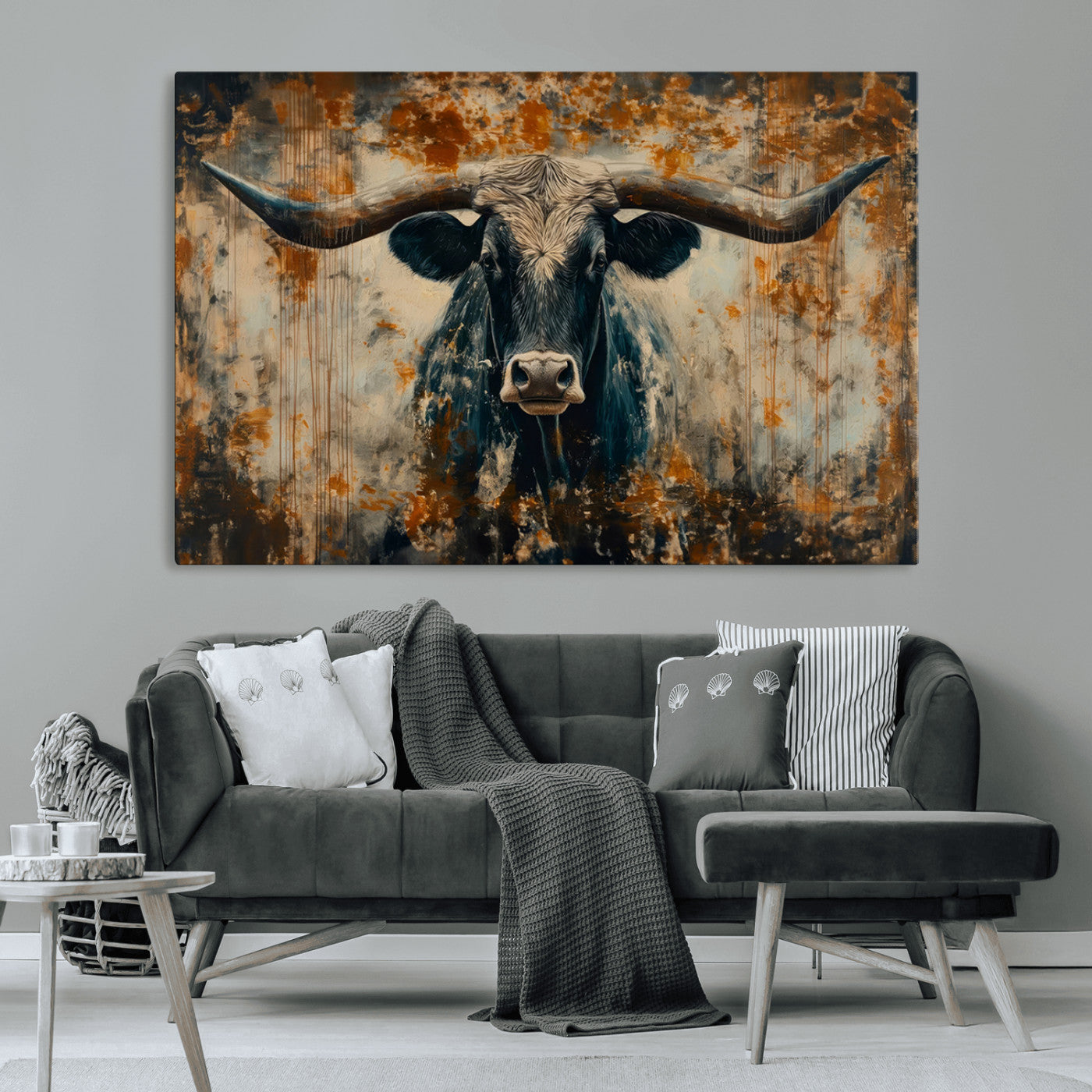 MGV-CV-36X24 - Abstract Longhorn Bull Wall Art | Rustic Western Wall Decor | Framed and Ready to Hang | Ideal for
