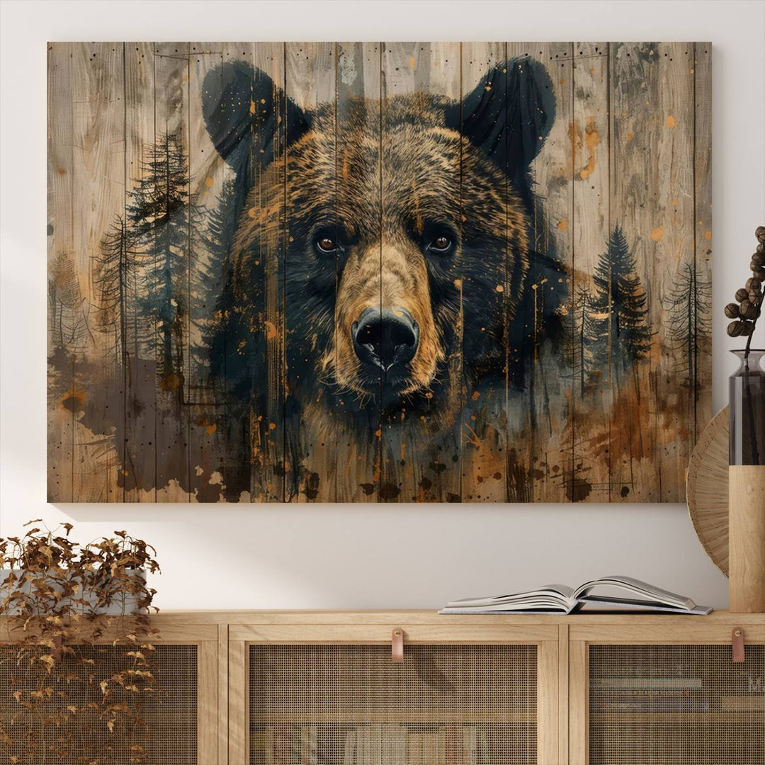 The Abstract 399 Bear Wall Art, featuring a rustic cabin theme with forest design, is framed and ready to hang. It's ideal for lodge, cabin, and barn decor and perfectly complements the nature lover's aesthetic.