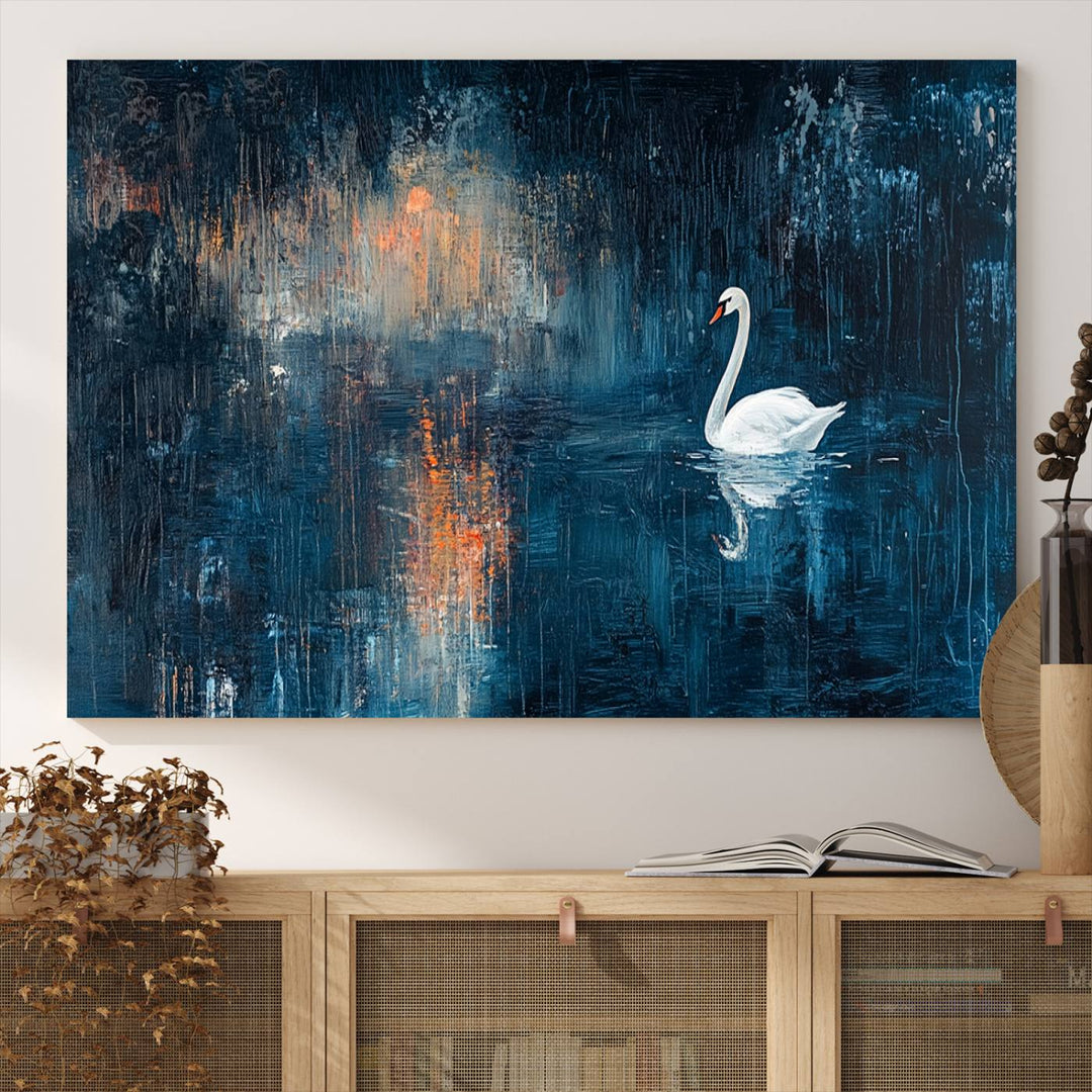 Abstract Swan Wall Art | Moody Blue and Orange Swan Painting on Canvas | Framed and Ready to Hang | Elegant and Modern Art for Living Room or Bedroom Decor