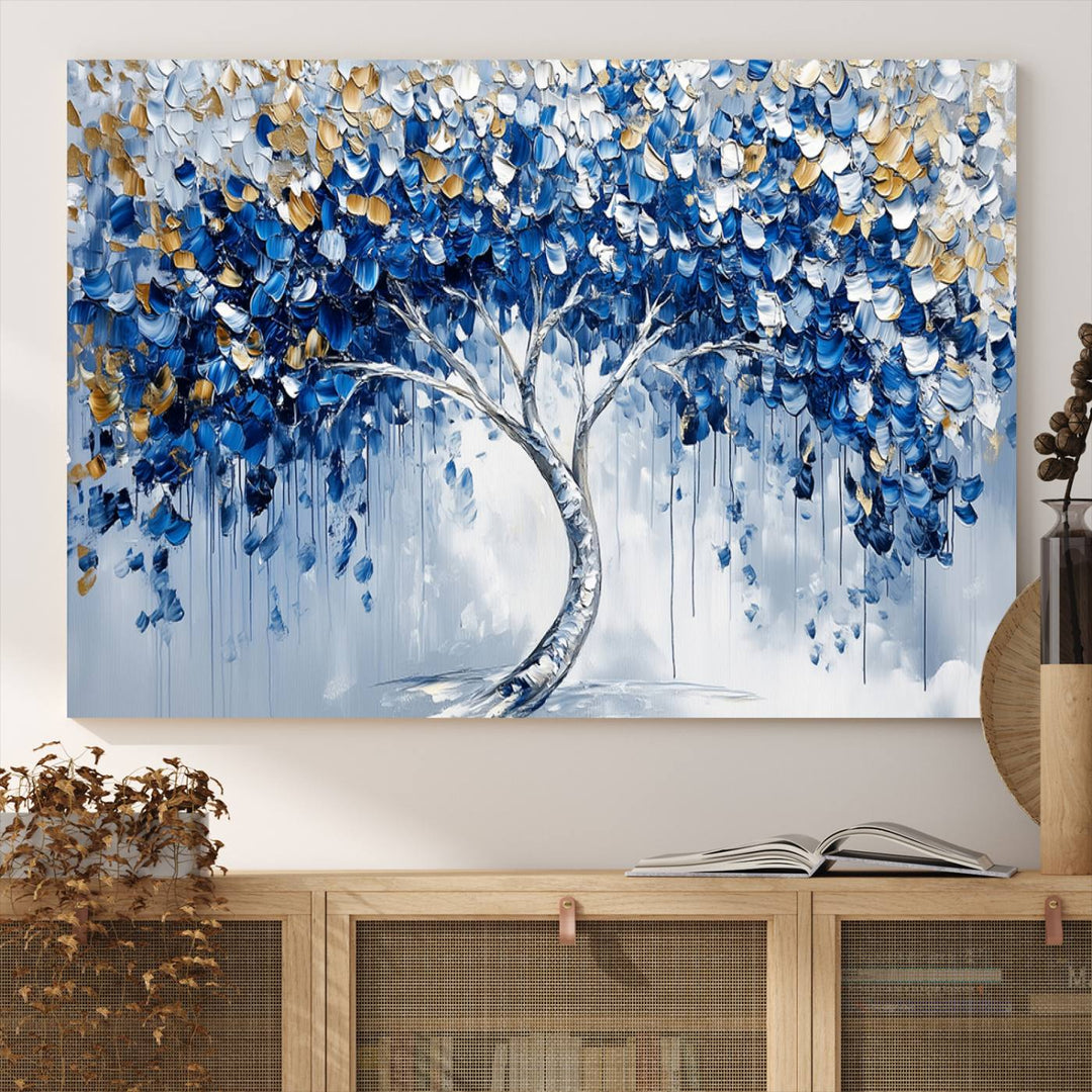 Elegant Blue and Gold Abstract Tree Wall Art | Textured Modern Tree of Life Painting | Framed Canvas Print | Ready to Hang for Dining Room Decor