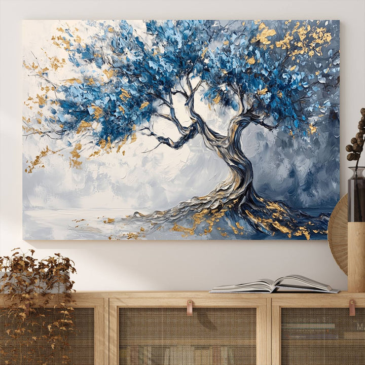 Elegant Abstract Tree Canvas Wall Art | Tree of Life Painting | Textured Art in Blue and Gold | Framed & Ready to Hang for Modern Living Room Decor