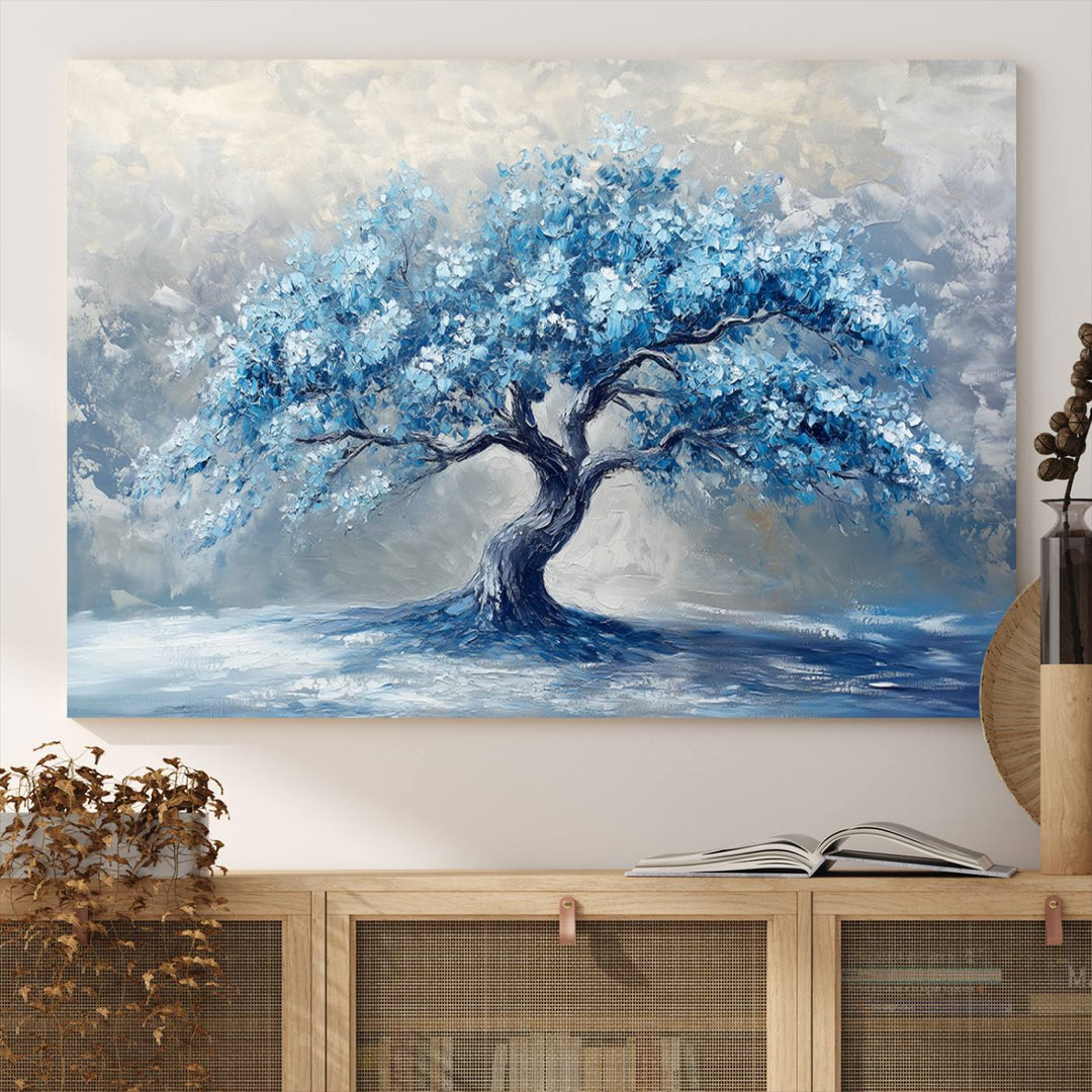 Serene Abstract Blue Tree Wall Art | Canvas Print of a Majestic Tree in Blue Hues | Perfect for Farmhouse, Coastal, and Modern Decor