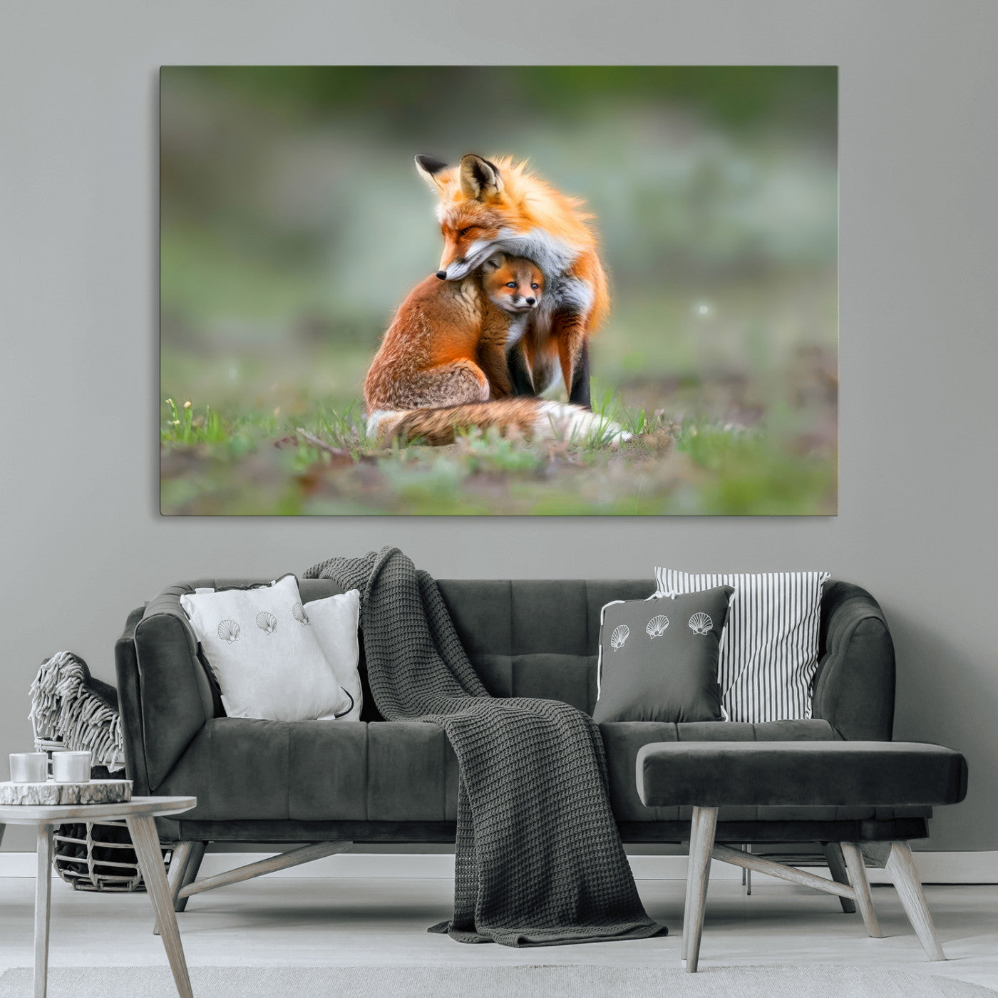 MGV-CV-36X24 - Heartwarming Fox and Baby Cub Wall Art | Ready to Hang Canvas Print of Foxes in Nature | Perfect for